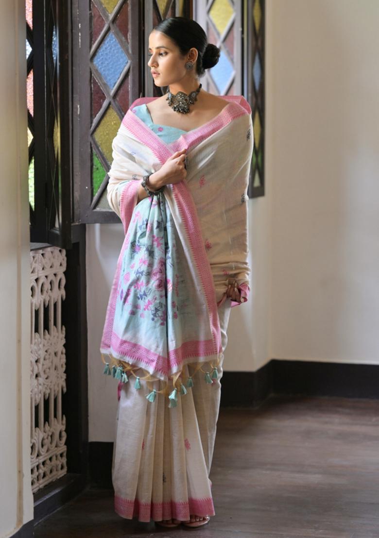 Cream And Blue Weaving Work Cotton Saree Set - Indya