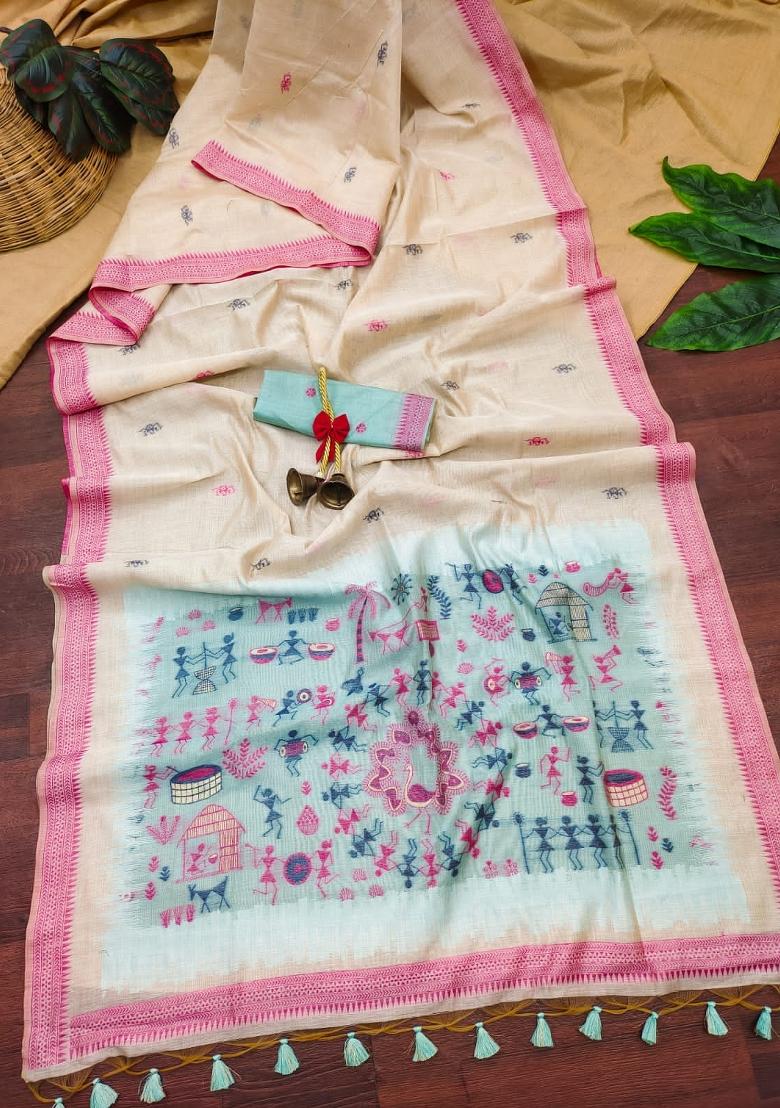 Cream And Blue Weaving Work Cotton Saree Set - Indya