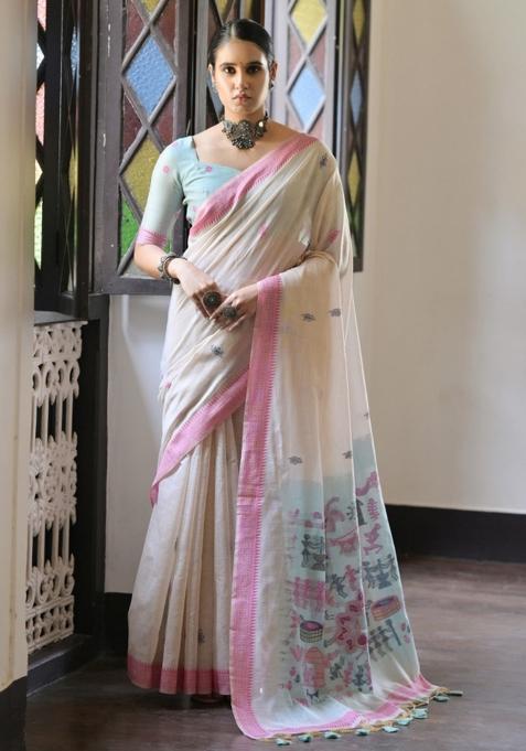 Cream And Blue Weaving Work Cotton Saree Set