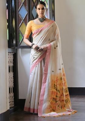Cream And Mustard Weaving Work Cotton Saree Set
