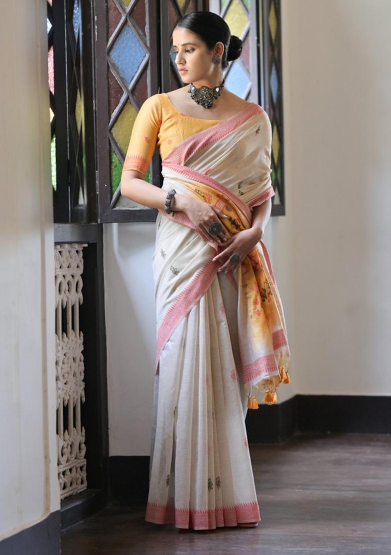 Cream And Mustard Weaving Work Cotton Saree Set - Indya