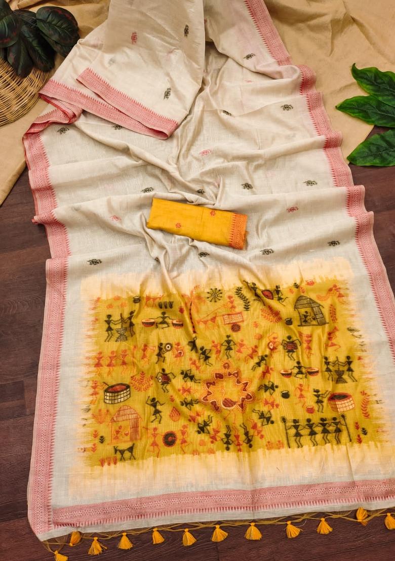 Cream And Mustard Weaving Work Cotton Saree Set - Indya