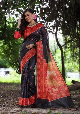 Black And Red Printed Silk Saree Set