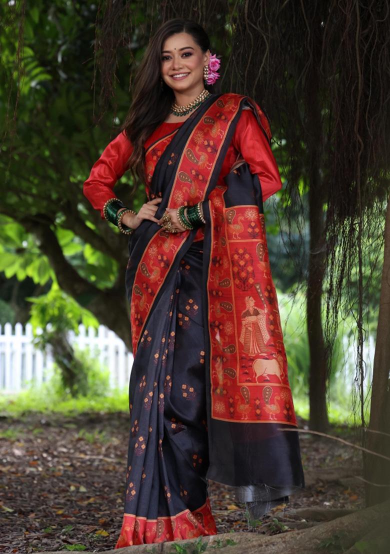 Black And Red Printed Silk Saree Set - Indya