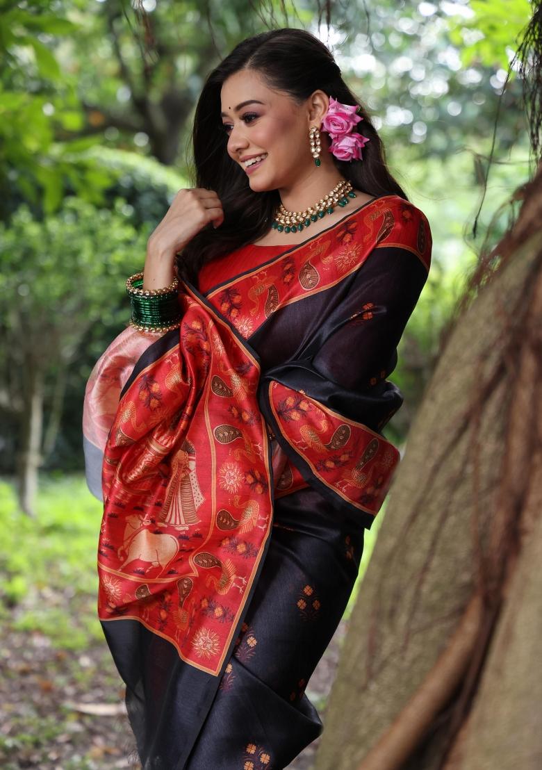 Black And Red Printed Silk Saree Set - Indya