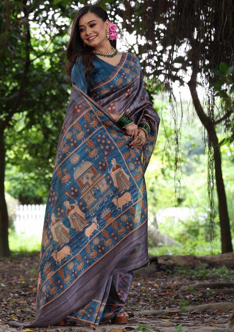 Grey Teal Printed Silk Saree Set - Indya
