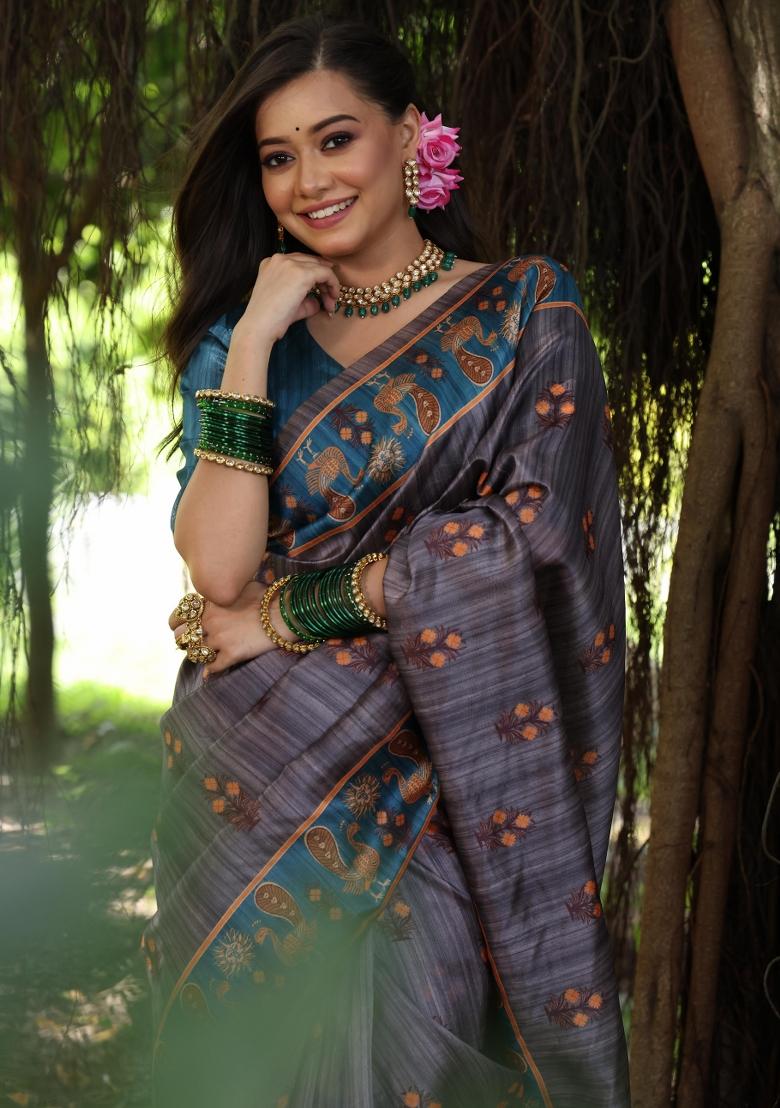 Grey Teal Printed Silk Saree Set - Indya
