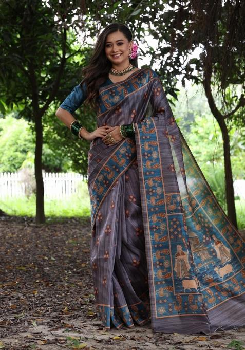 Grey Teal Printed Silk Saree Set