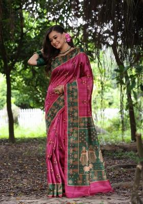 Pink Green Printed Silk Saree Set