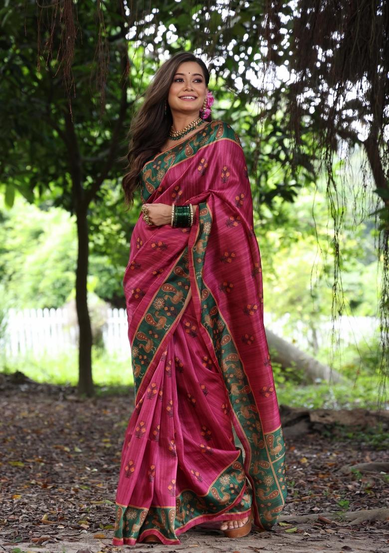 Pink Green Printed Silk Saree Set - Indya