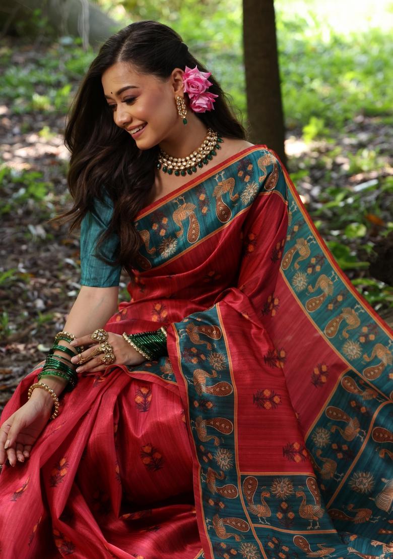 Ruby Red Teal Printed Silk Saree Set - Indya