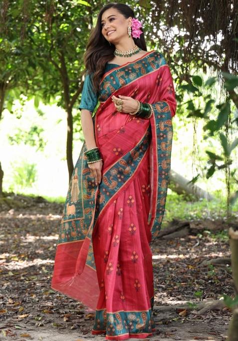 Ruby Red Teal Printed Silk Saree Set