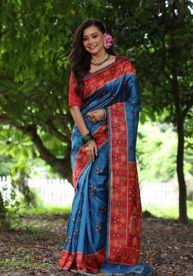 Teal Red Printed Silk Saree Set
