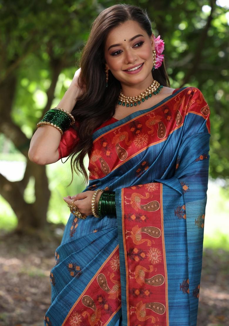 Teal Red Printed Silk Saree Set - Indya