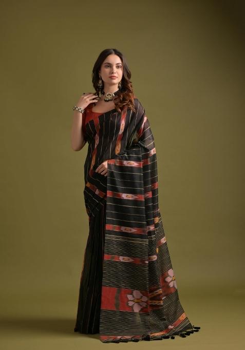 Black And Maroon Weaving Work Cotton Saree Set