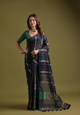 Navy Blue And Green Weaving Work Cotton Saree Set