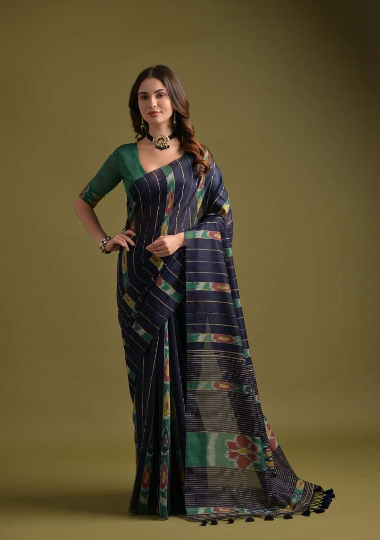 Navy Blue And Green Weaving Work Cotton Saree Set - Indya