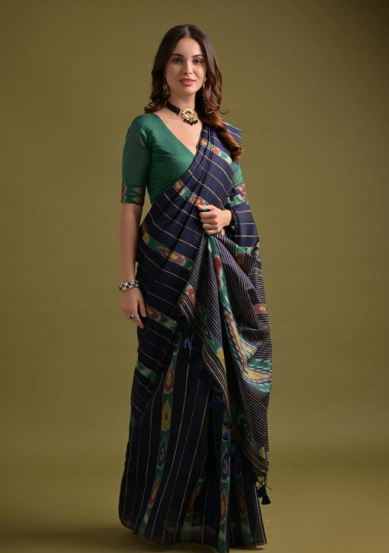 Navy Blue And Green Weaving Work Cotton Saree Set - Indya