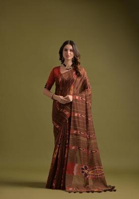 Brown Rust Weaving Work Cotton Saree Set