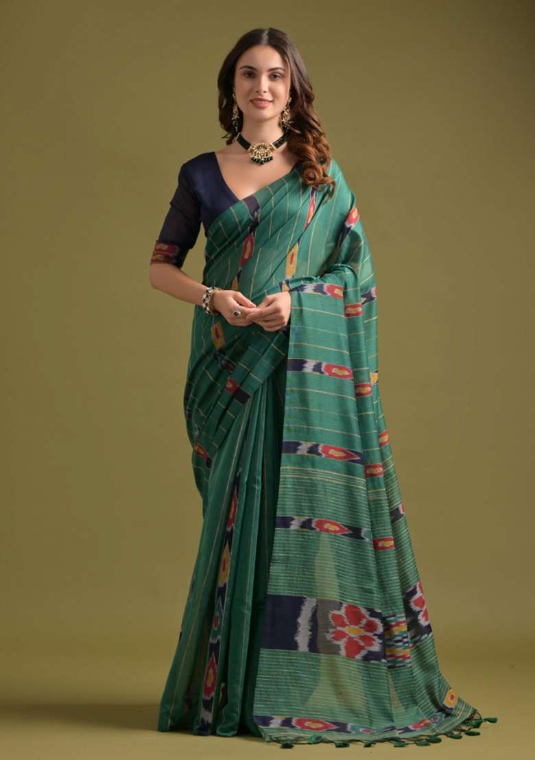 Rama Green And Navy Blue Weaving Work Cotton Saree Set - Indya