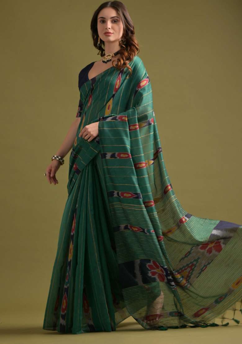 Rama Green And Navy Blue Weaving Work Cotton Saree Set - Indya