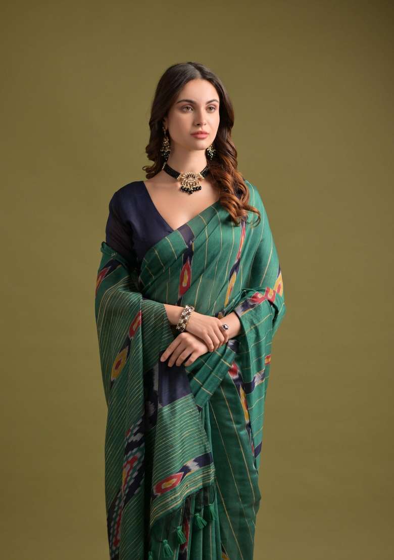 Rama Green And Navy Blue Weaving Work Cotton Saree Set - Indya