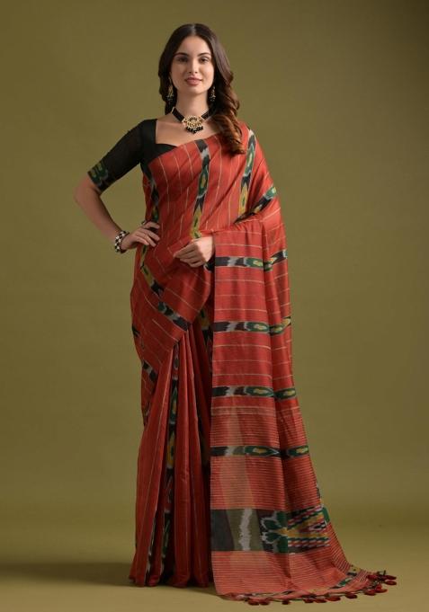 Red And Black Weaving Work Cotton Saree Set