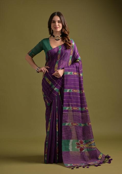 Purple And Green Weaving Work Cotton Saree Set