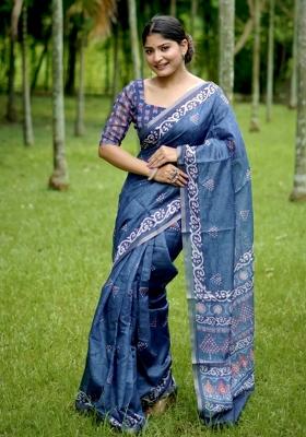 Blue Printed Cotton Saree Set
