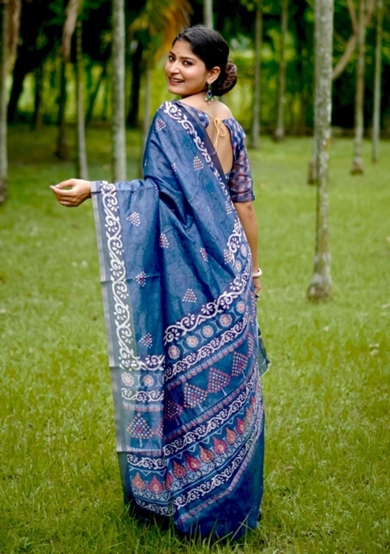 Blue Printed Cotton Saree Set - Indya