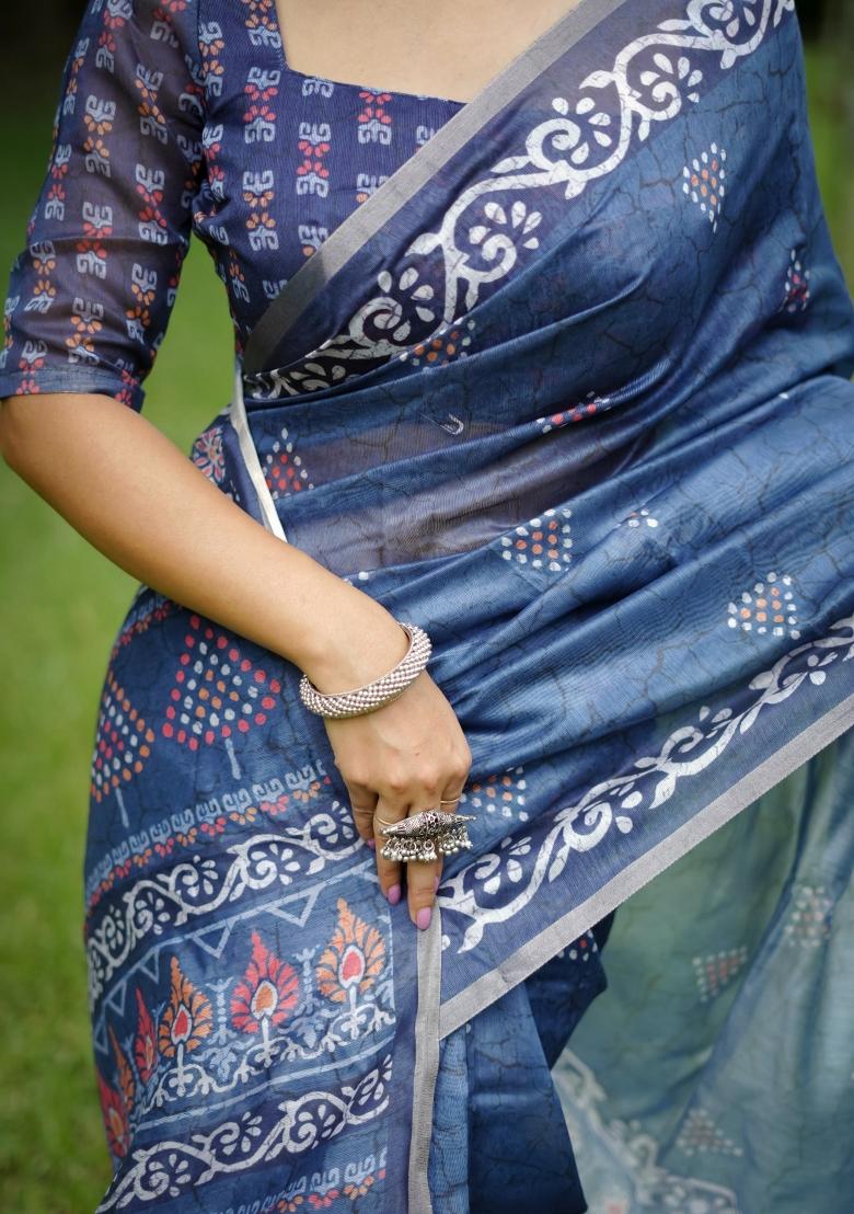 Blue Printed Cotton Saree Set - Indya