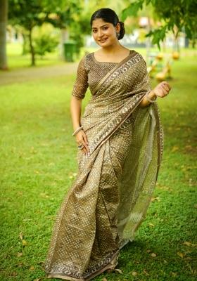 Brown Printed Cotton Saree Set