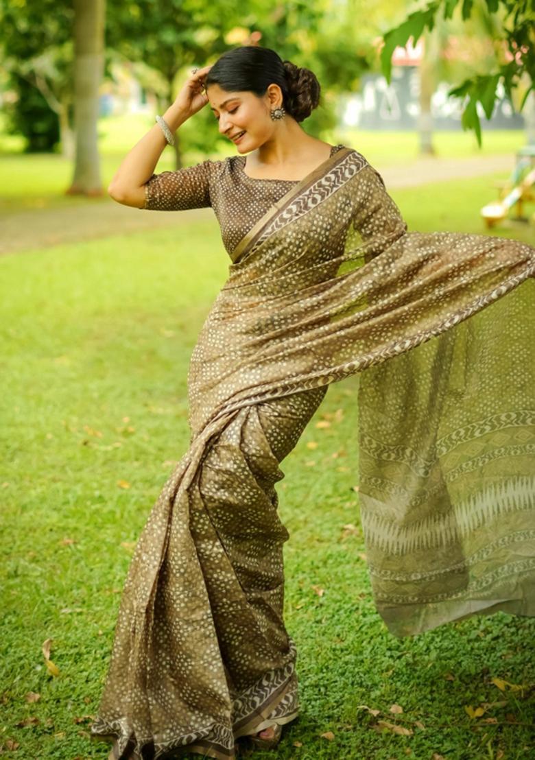 Brown Printed Cotton Saree Set - Indya