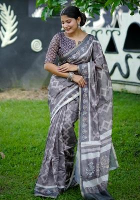 Grey Printed Cotton Saree Set