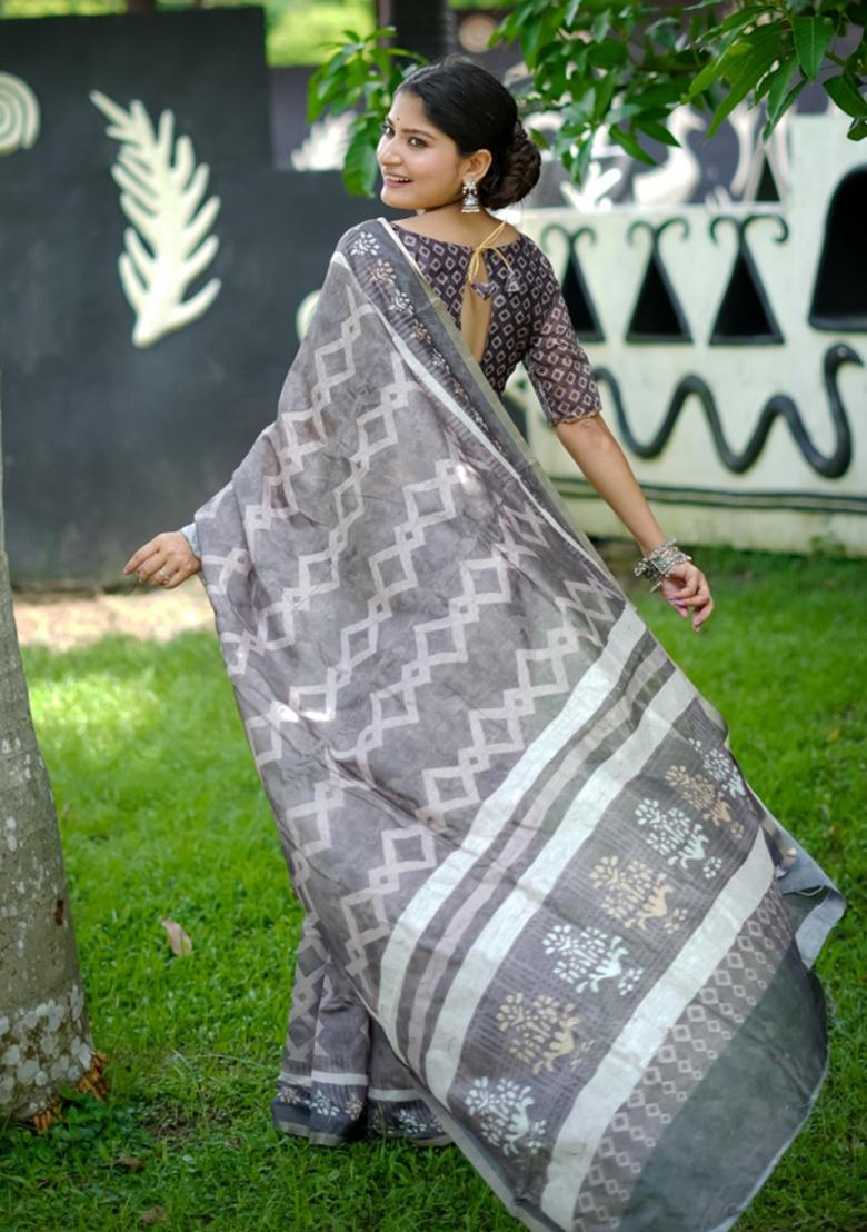 Grey Printed Cotton Saree Set - Indya