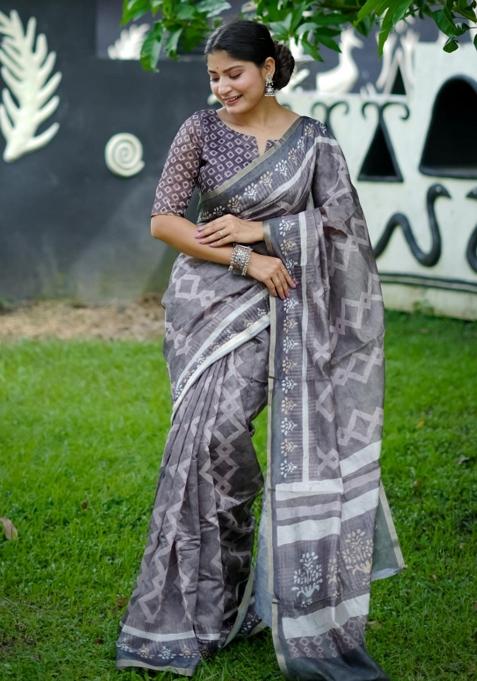 Grey Printed Cotton Saree Set