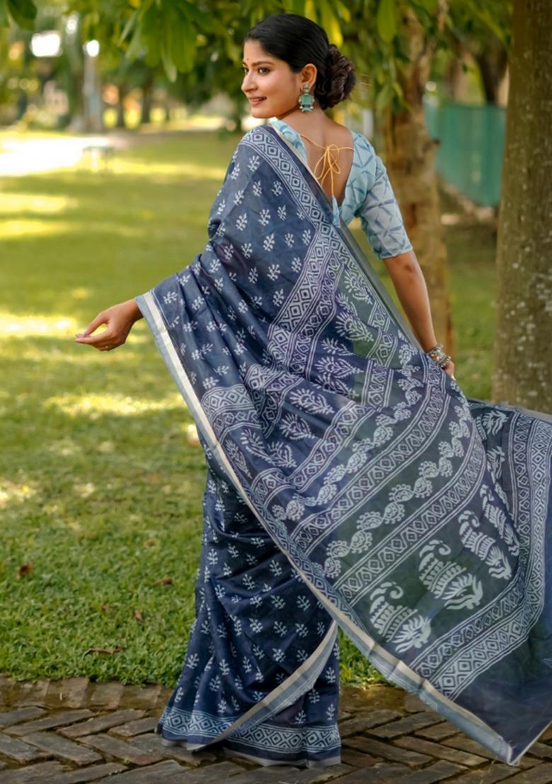 Navy Blue Printed Cotton Saree Set - Indya