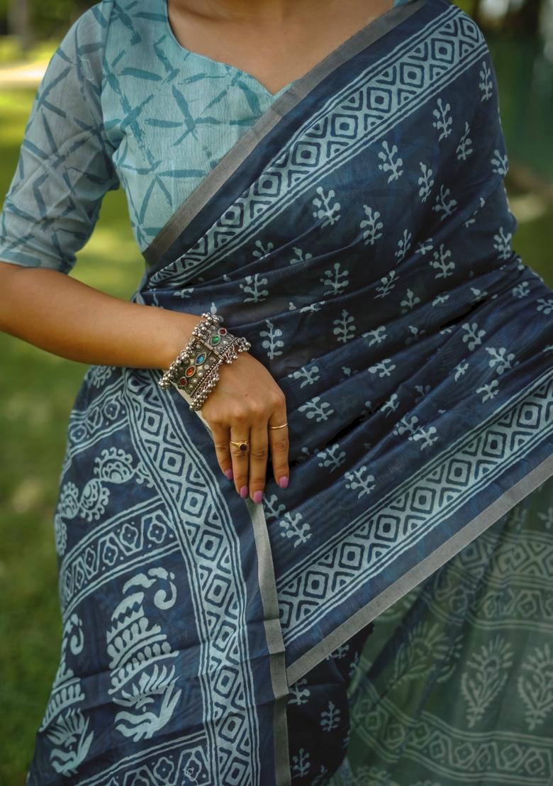 Navy Blue Printed Cotton Saree Set - Indya