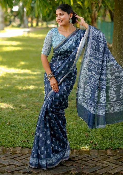 Navy Blue Printed Cotton Saree Set