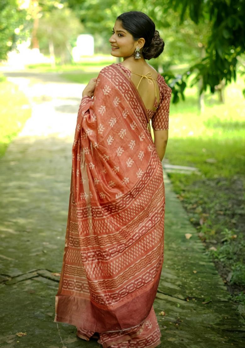 Orange Printed Cotton Saree Set - Indya