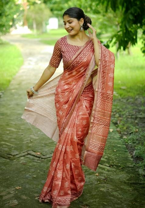 Orange Printed Cotton Saree Set