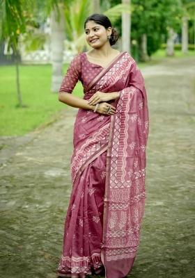 Pink Printed Cotton Saree Set
