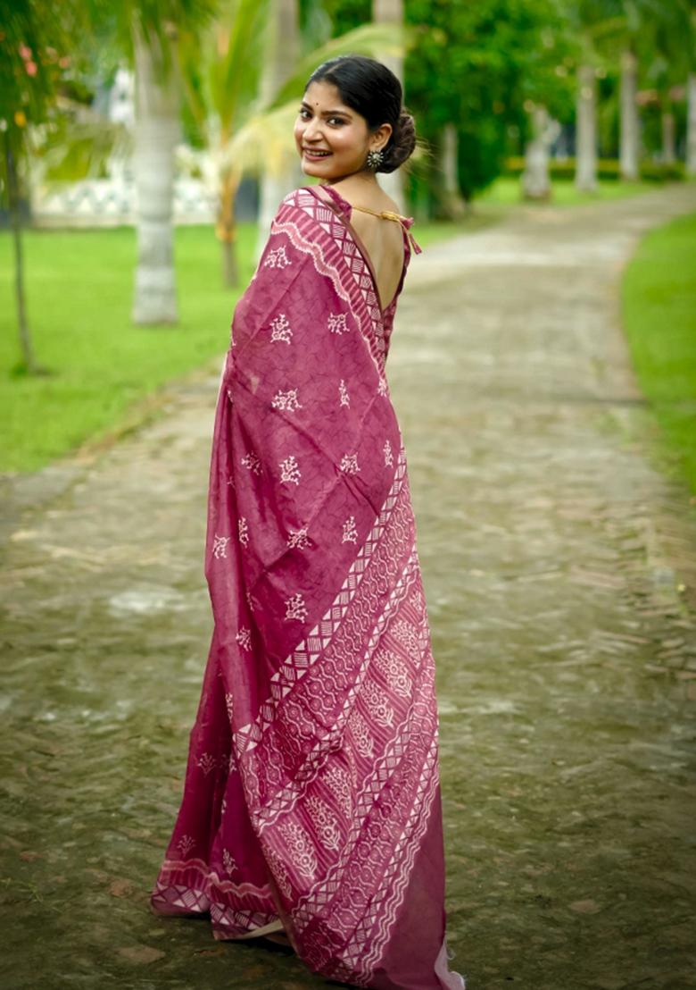 Pink Printed Cotton Saree Set - Indya