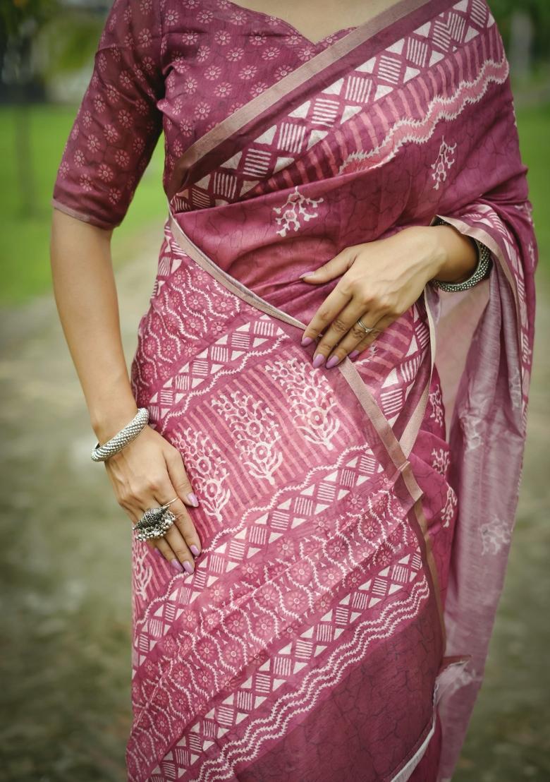Pink Printed Cotton Saree Set - Indya
