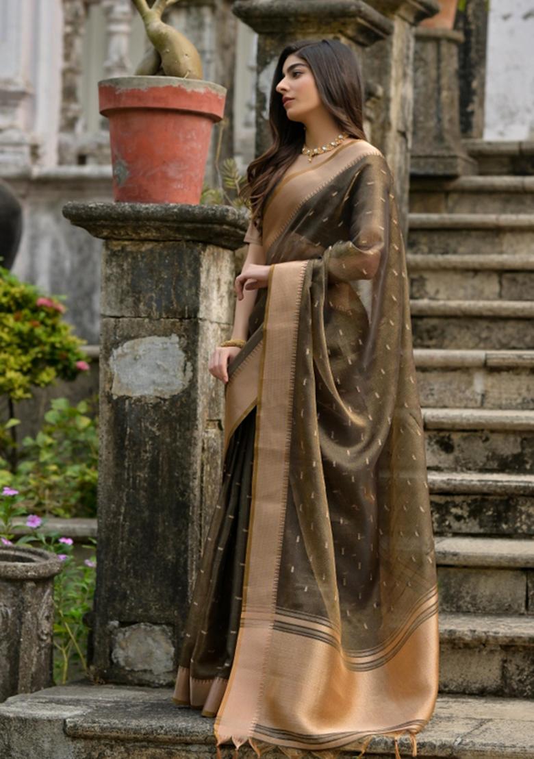 Brown Weaving Work Silk Saree Set - Indya