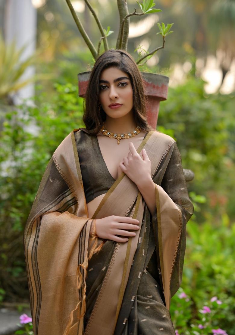 Brown Weaving Work Silk Saree Set - Indya