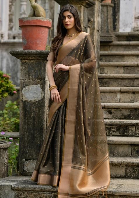 Brown Weaving Work Silk Saree Set