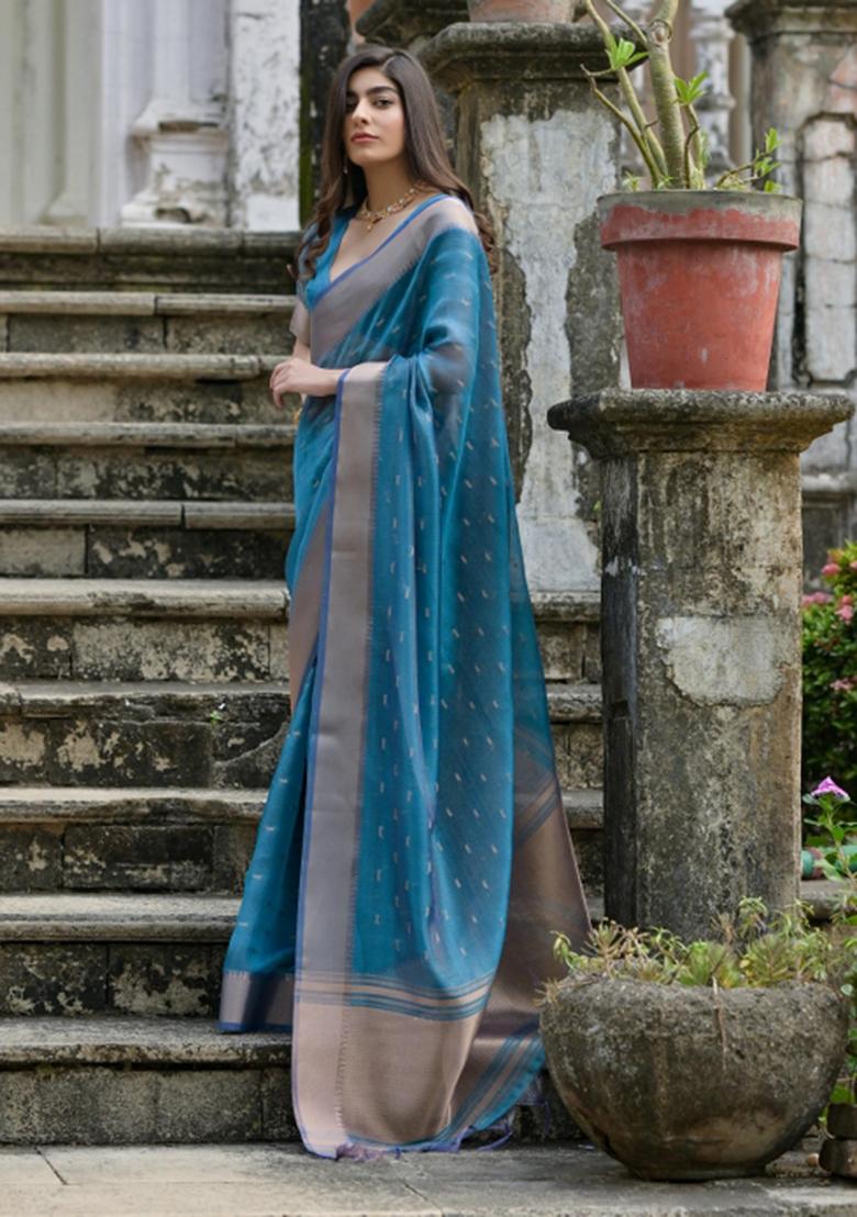 Firozi Weaving Work Silk Saree Set - Indya