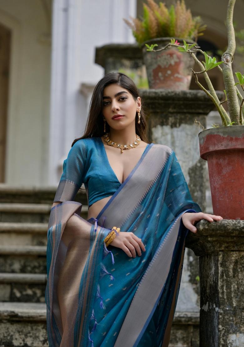 Firozi Weaving Work Silk Saree Set - Indya