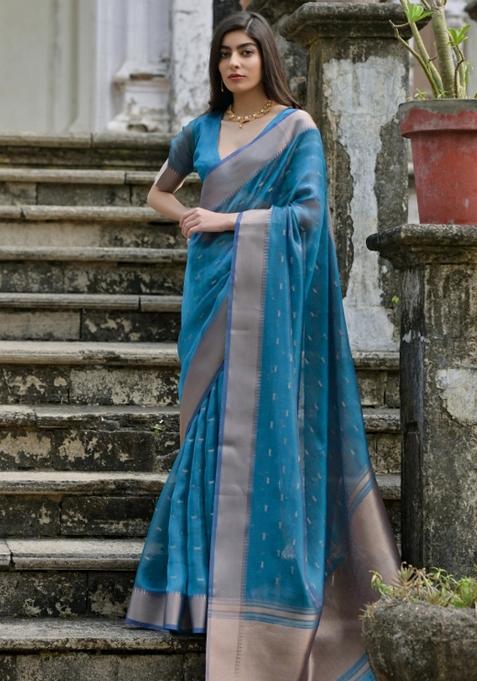 Firozi Weaving Work Silk Saree Set